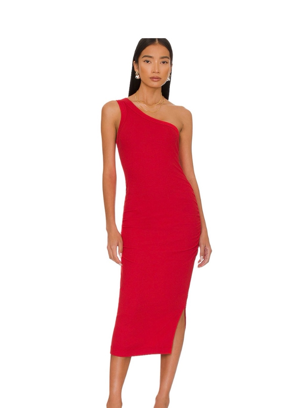 Michael Stars Coco One shoulder ribbed body con dress in Red Salsa, XS, NWT